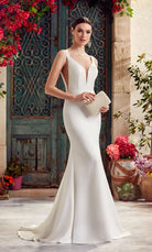 UNK-Wedding Dress: 7052. Long Satin Dress, Plunging Neckline, Fit N Flare image 0