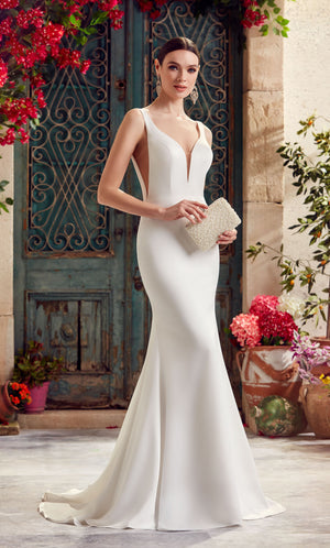 UNK-Wedding Dress: 7052. Long Satin Dress, Plunging Neckline, Fit N Flare image 0