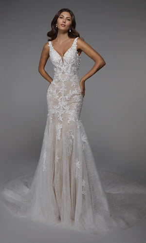UNK-Wedding Dress: 7029. Long Wedding Dress, Plunging Neckline, Fit N Flare image 5