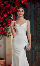 UNK-Wedding Dress: 7051. Long White Dress, Cowl Neck, Fit N Flare image 1