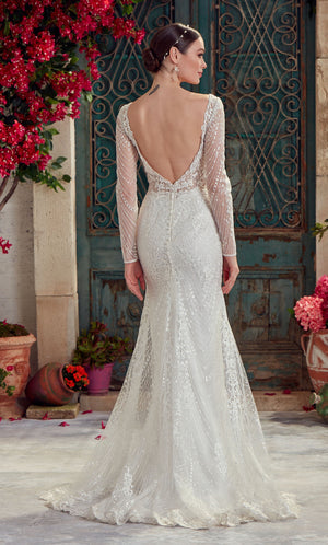 UNK-7030. Long Bridal Gown, V-neck, Fit N Flare image 1