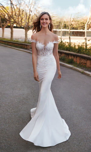 UNK-7026. Long Bridal Gown, Off The Shoulder, Fit N Flare image 0