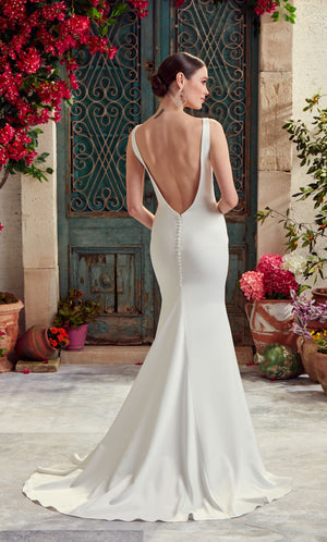 UNK-Wedding Dress: 7052. Long Satin Dress, Plunging Neckline, Fit N Flare image 1