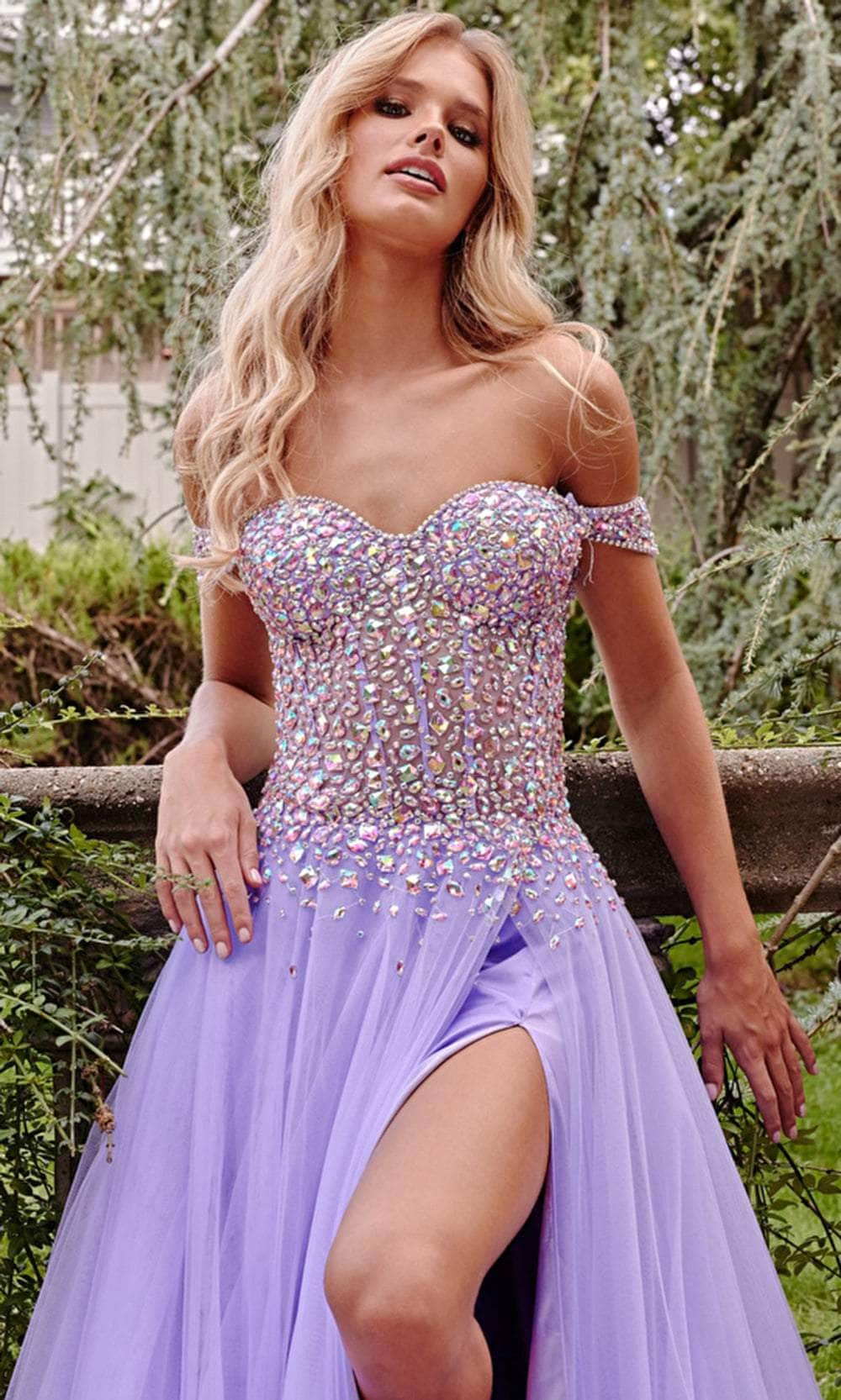 prom rhinestone dress Clarisse 811145 - Long Sheath A plunging V Jovani 23963 - Off Shoulder