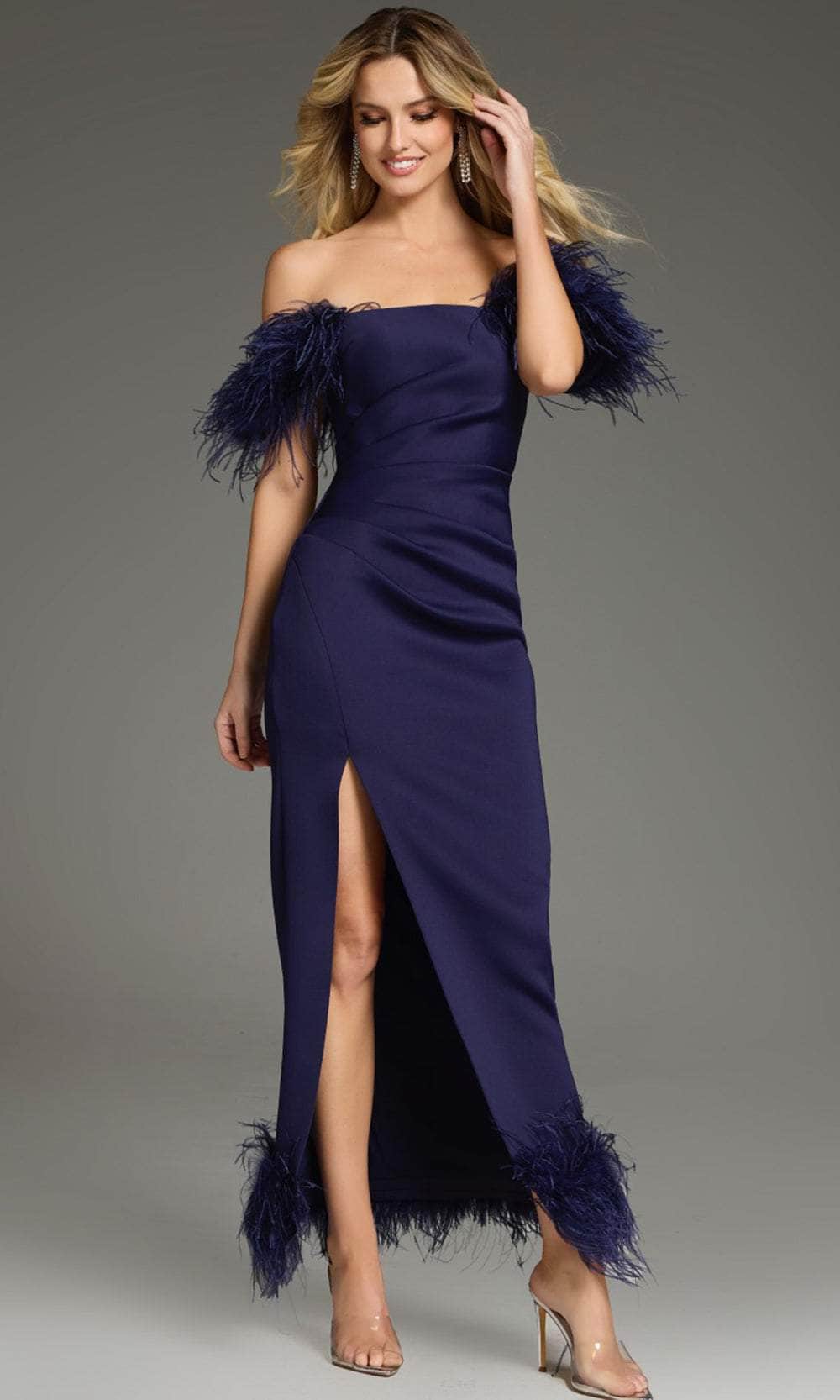 Jovani 36375 - Off-Shoulder Feather Accented Prom Gown